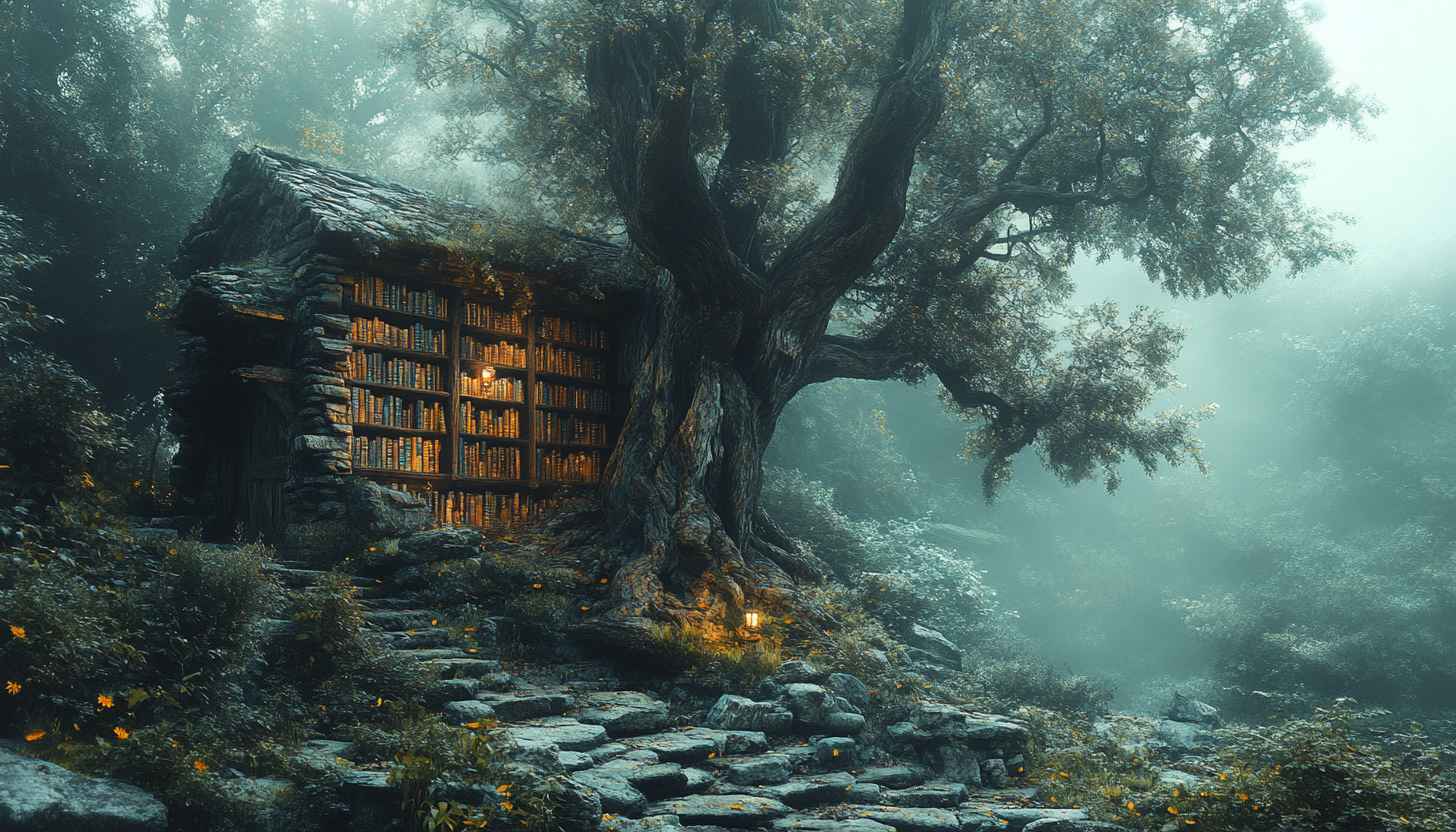 Enchanted Library Wallpaper, Forest Bookshelf, Fantasy Scenery, Tree Wallpaper