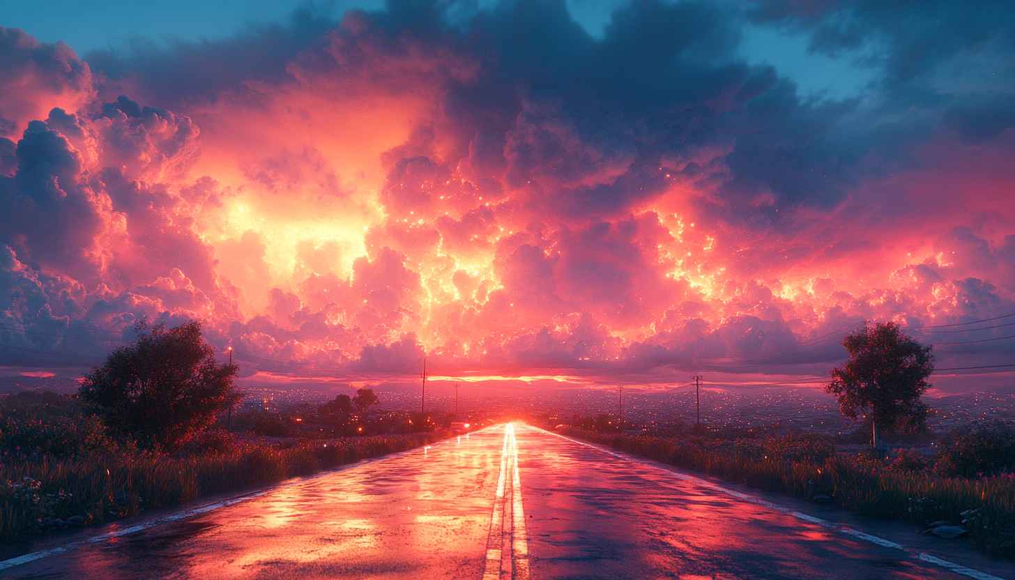 Sunset Road Wallpaper: Stunning Sky Scenery 4K Wallpaper