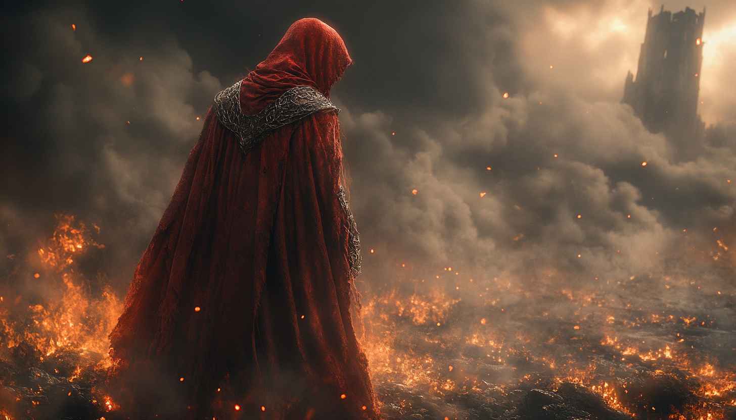 Epic Fantasy Wallpaper: Sorcerer, Medieval Castle, Fire, Smoke, 4K