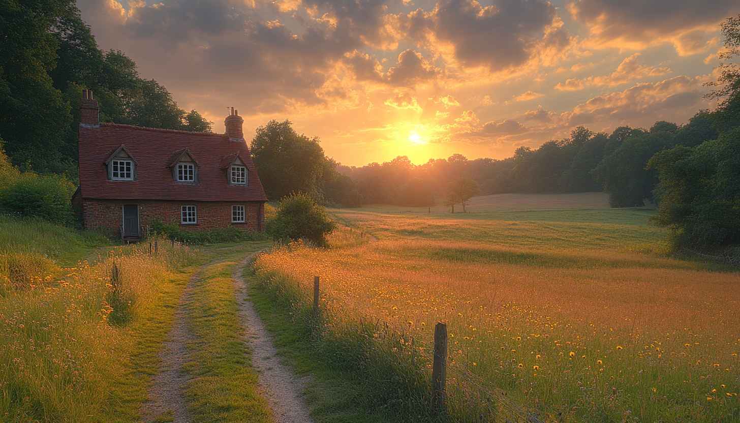 Countryside Cottage Wallpaper: Sunset Scenery, Nature Landscape, Serene