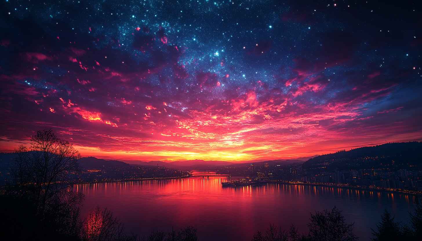 Colorful Sunset Sky Wallpaper: Scenic Lake & City Lights View