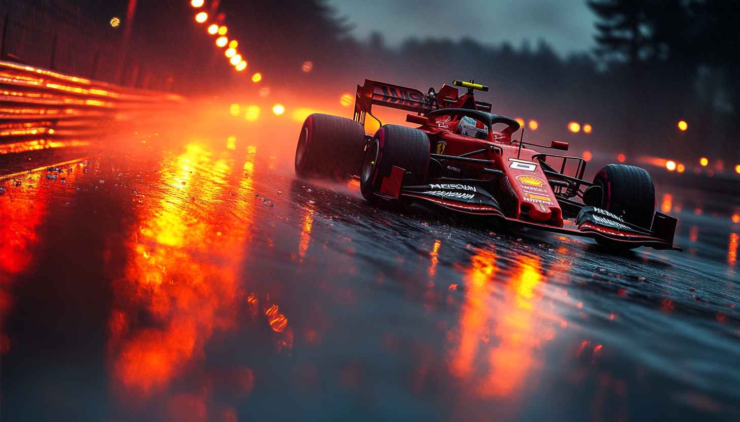 Red Formula 1 Car Wallpaper, Racing, Rainy, 4K, Desktop