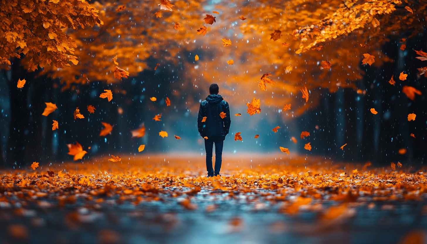 Autumn Wallpaper: Man in Falling Leaves, Nature Background