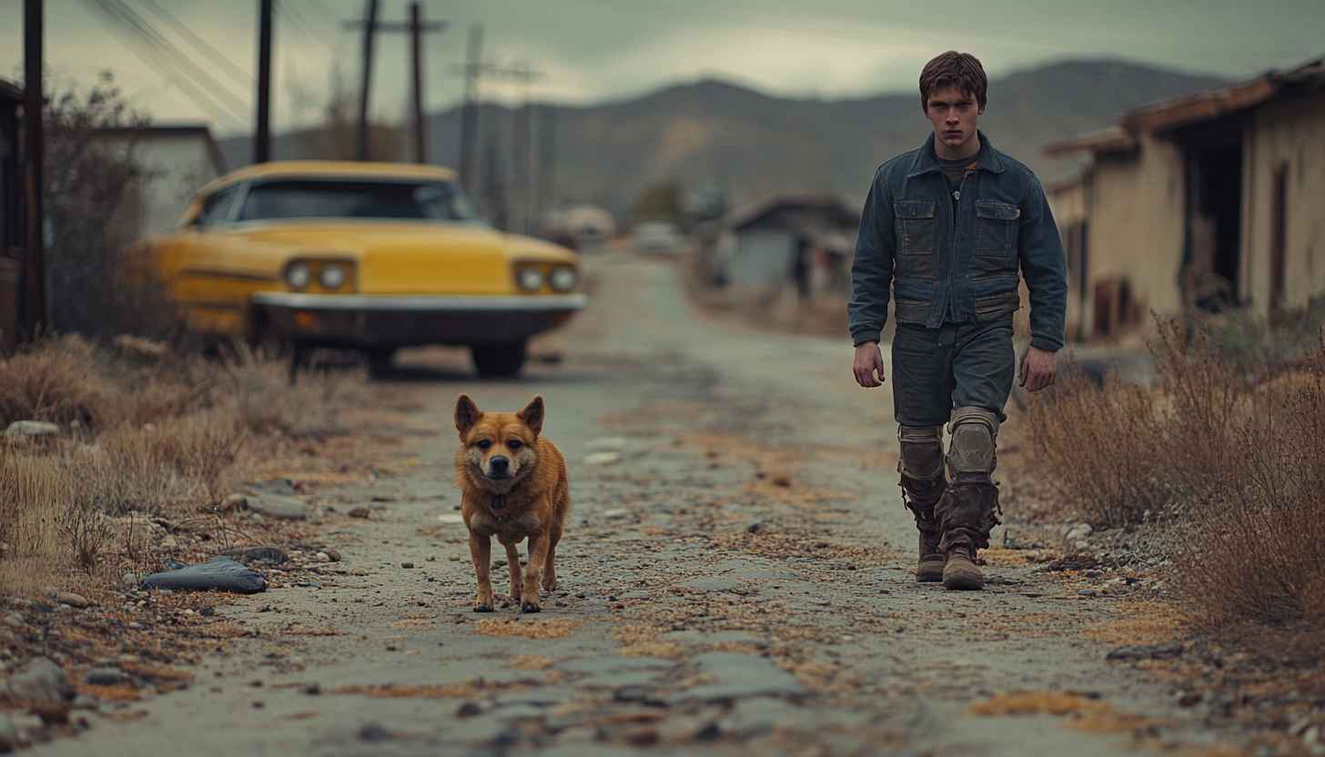 Apocalyptic Wallpaper: Boy, Dog, Car, Dystopian, and Rustic Theme