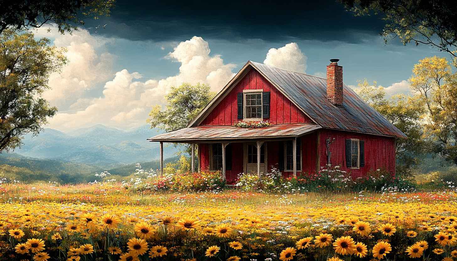 Red House Sunflower Field Wallpaper, Cottagecore Aesthetic Desktop Background