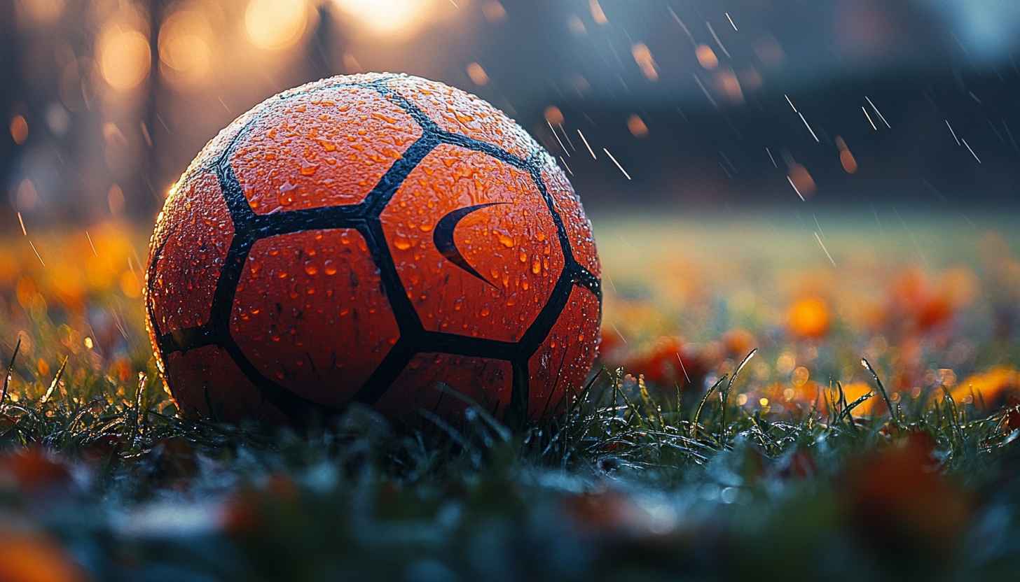 Orange Soccer Ball Wallpaper, Rainy Day Sports Field Backdrop