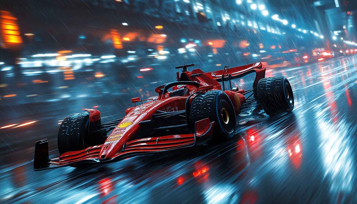 F1 Racing Car Wallpaper: Speed, Rain, and Neon Night Drive