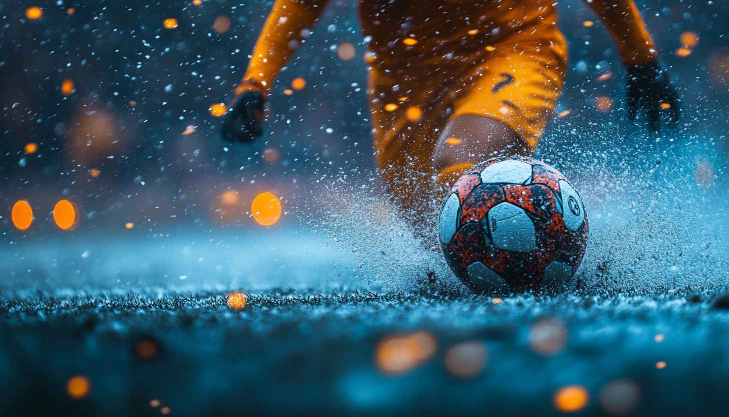 Soccer Wallpaper: Football Player Kicking Ball on Rainy Field