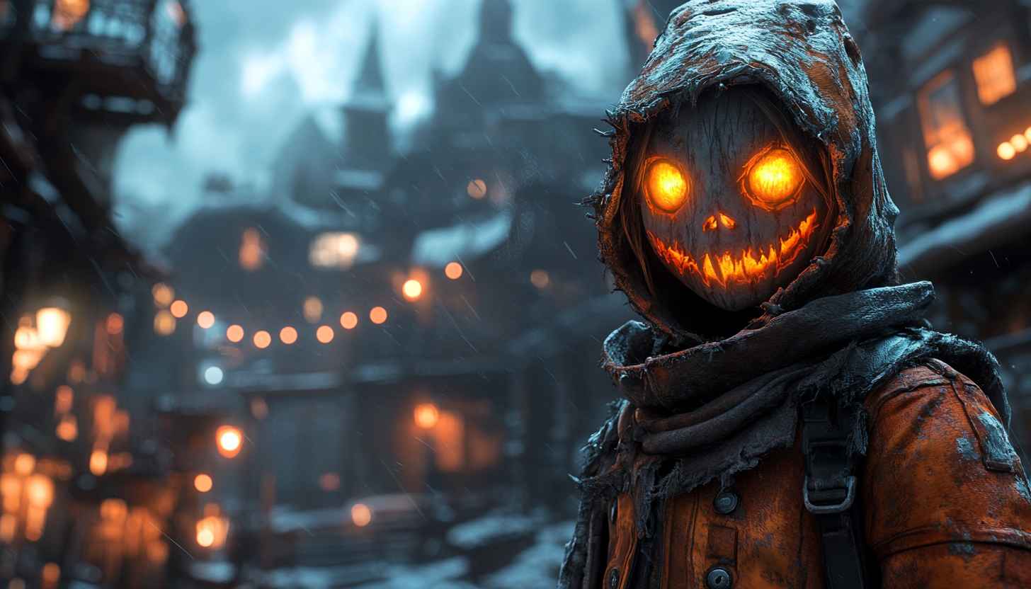 Spooky Halloween Wallpaper: Pumpkin Scarecrow Glowing Eyes Background