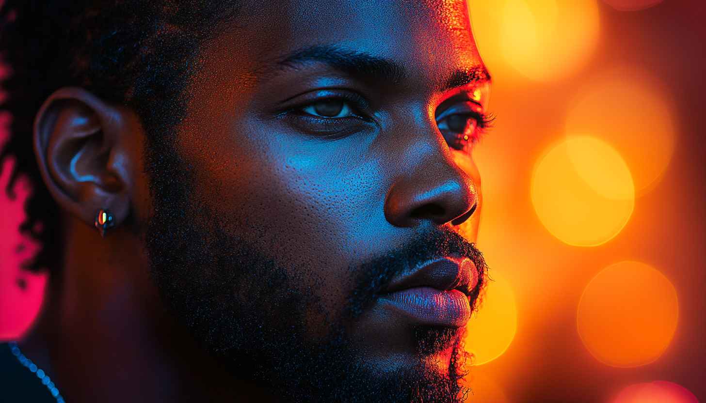 Neon Portrait Wallpaper: Man with Beard, Artistic Glowing Lights