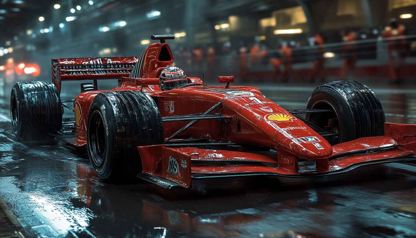 Formula 1 Car Wallpaper: Red Racing Car on Wet Track