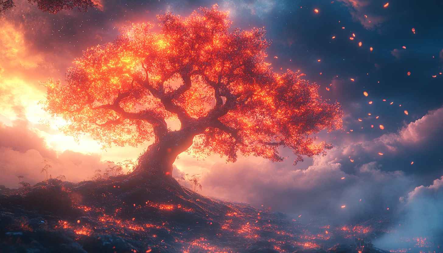 Fiery Tree Wallpaper: Fantasy Landscape Scenery for Desktop & Mobile