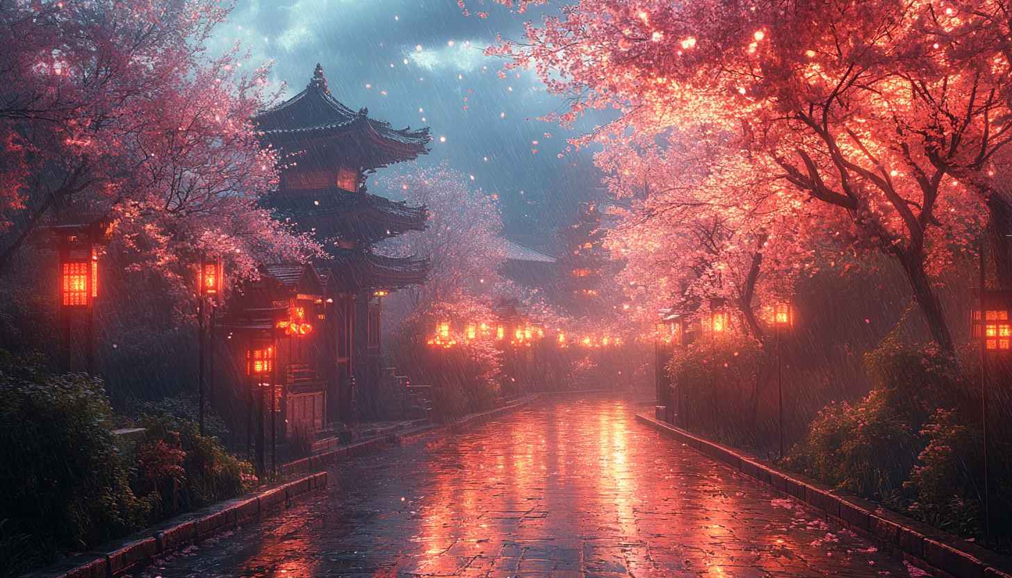 Cherry Blossom Wallpaper: Japanese Architecture, Rainy Scenery, 4K Resolution