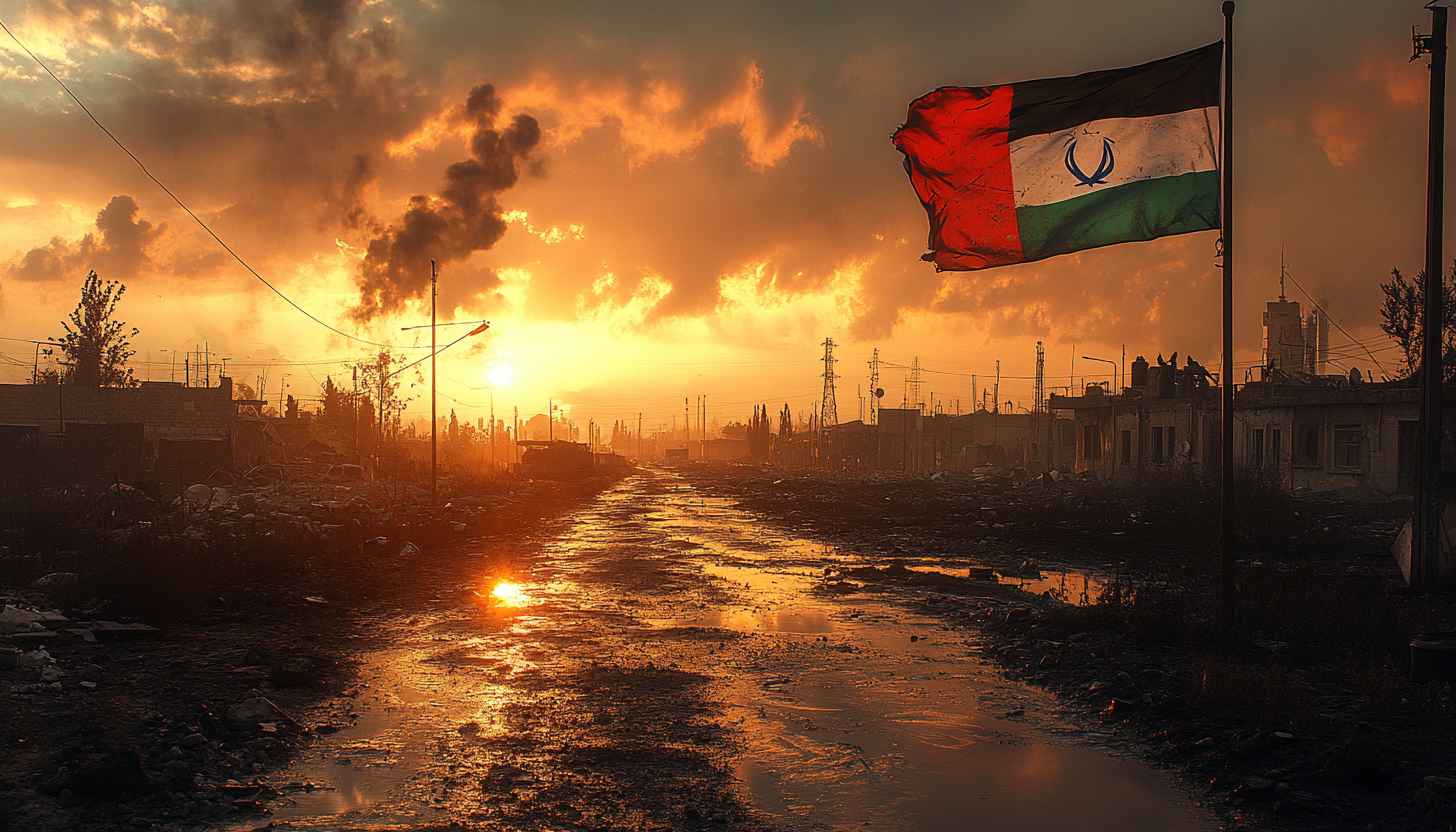 War Zone Wallpaper: Apocalyptic Scenery with Flag Sunset
