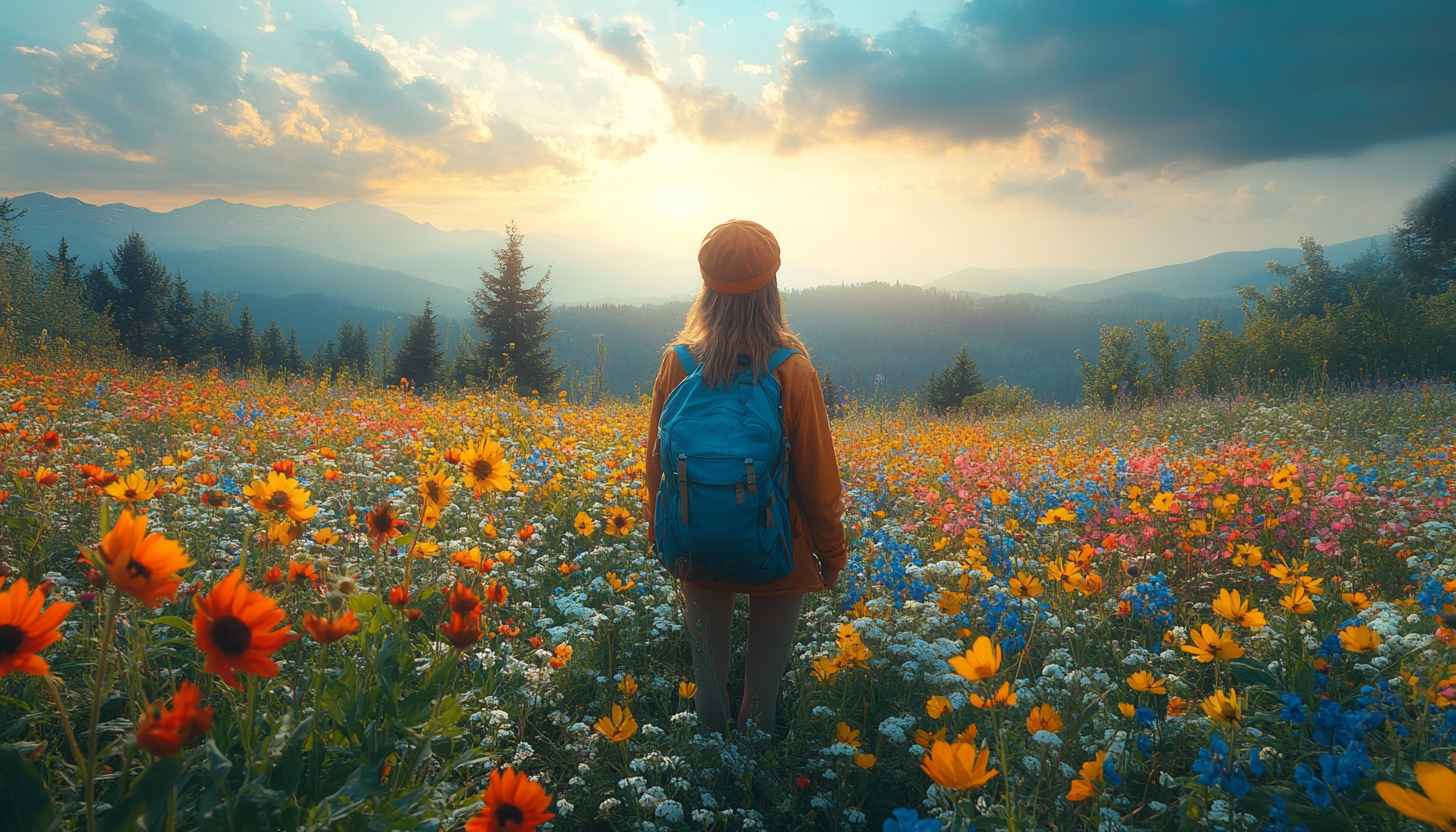 Flower Field Wallpaper, Nature Landscape Background, Girl Hiker View