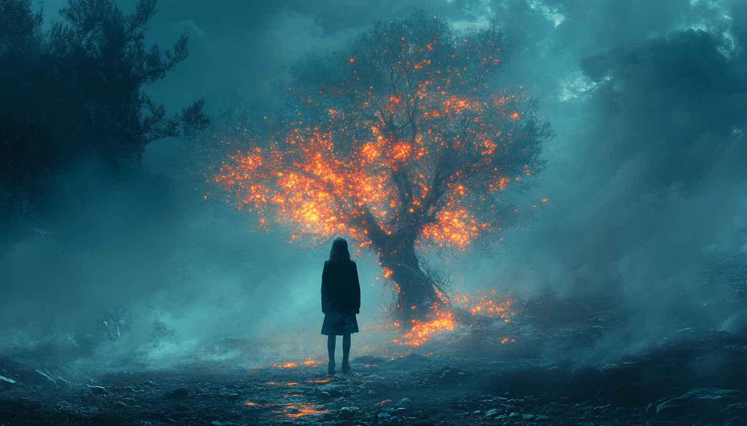 Mystical Tree Wallpaper: Fantasy Landscape, Burning Tree, Girl Silhouette
