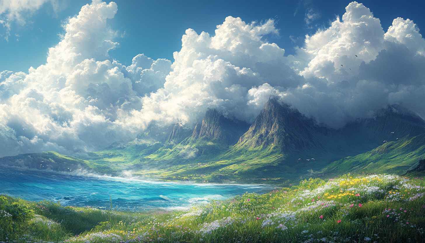 Scenic Landscape Wallpaper: Mountain, Ocean, Clouds, Nature, 4k
