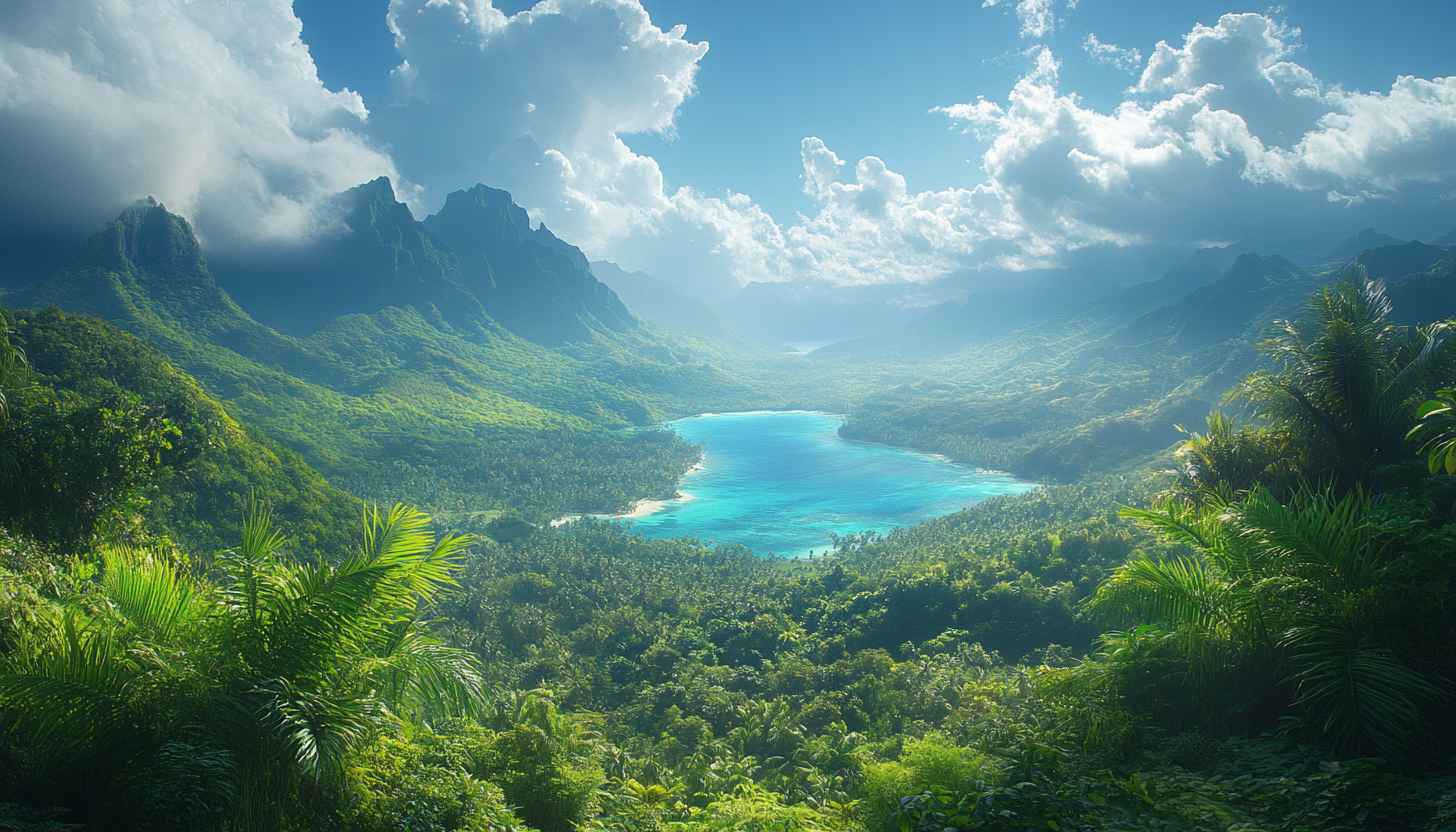 Island Paradise Wallpaper: Tropical Lagoon, Lush Greenery, Mountain Views