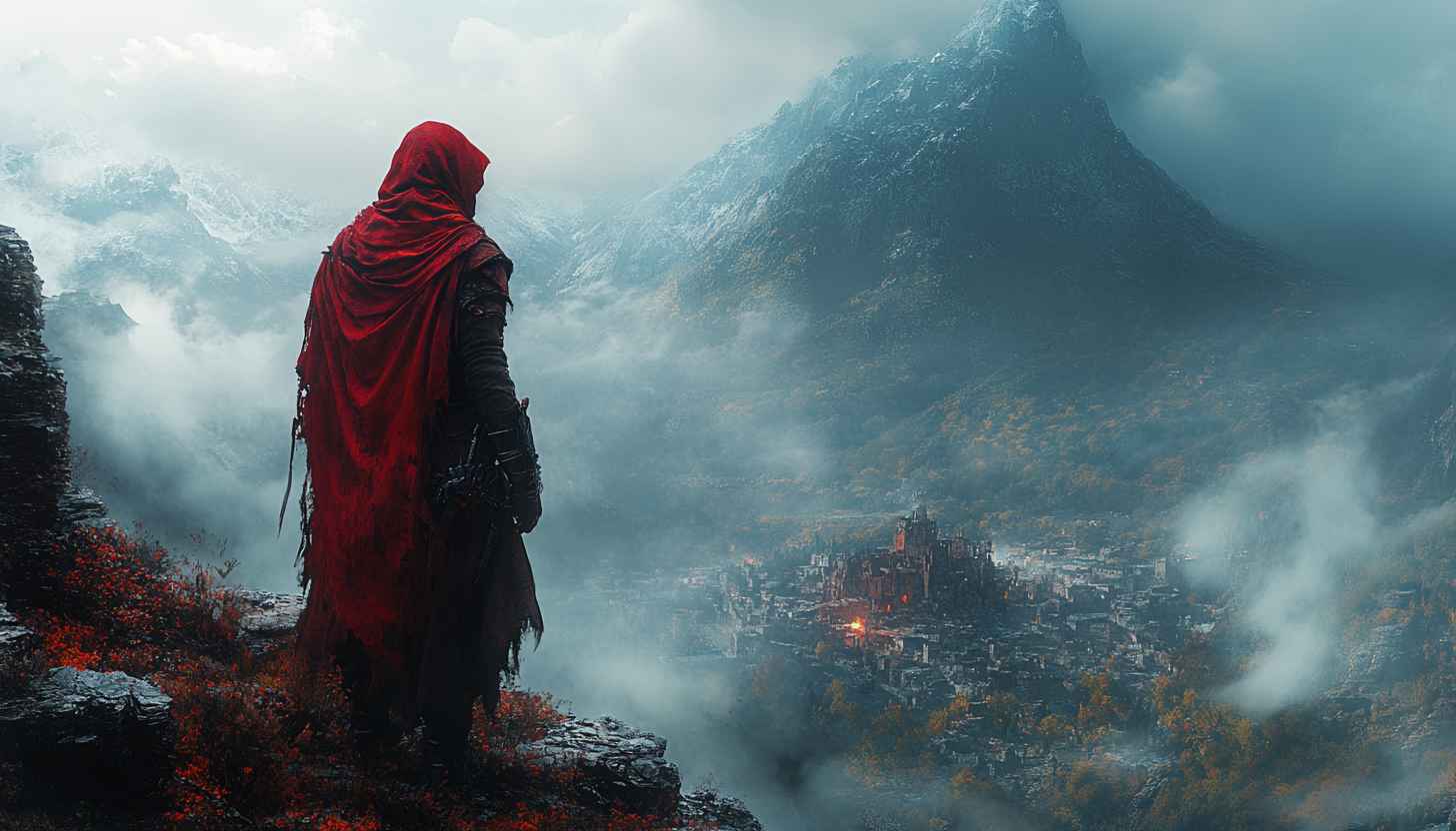 Fantasy Landscape Wallpaper: Red Hooded Figure Overlooking Misty City