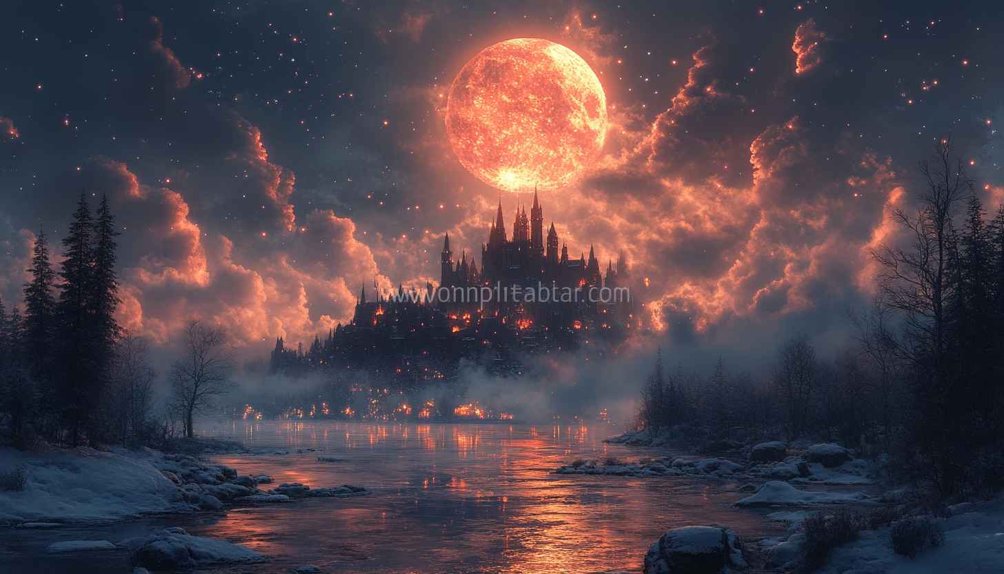 Castle Moon Night Wallpaper, Fantasy Scenery Wallpaper, Lake Reflection
