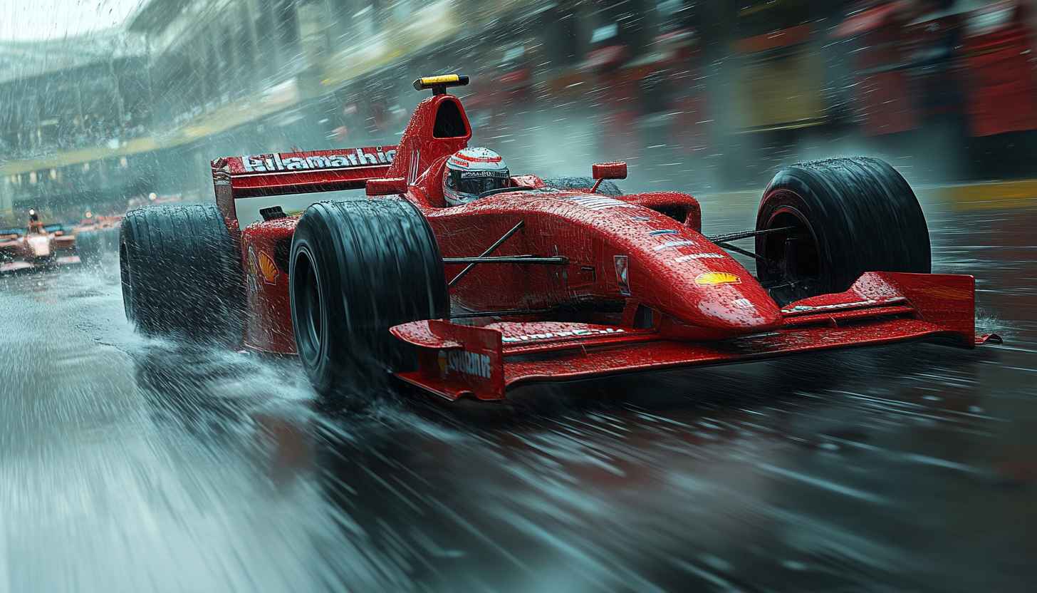 Red Formula 1 Racing Car on Wet Track Wallpaper 4K