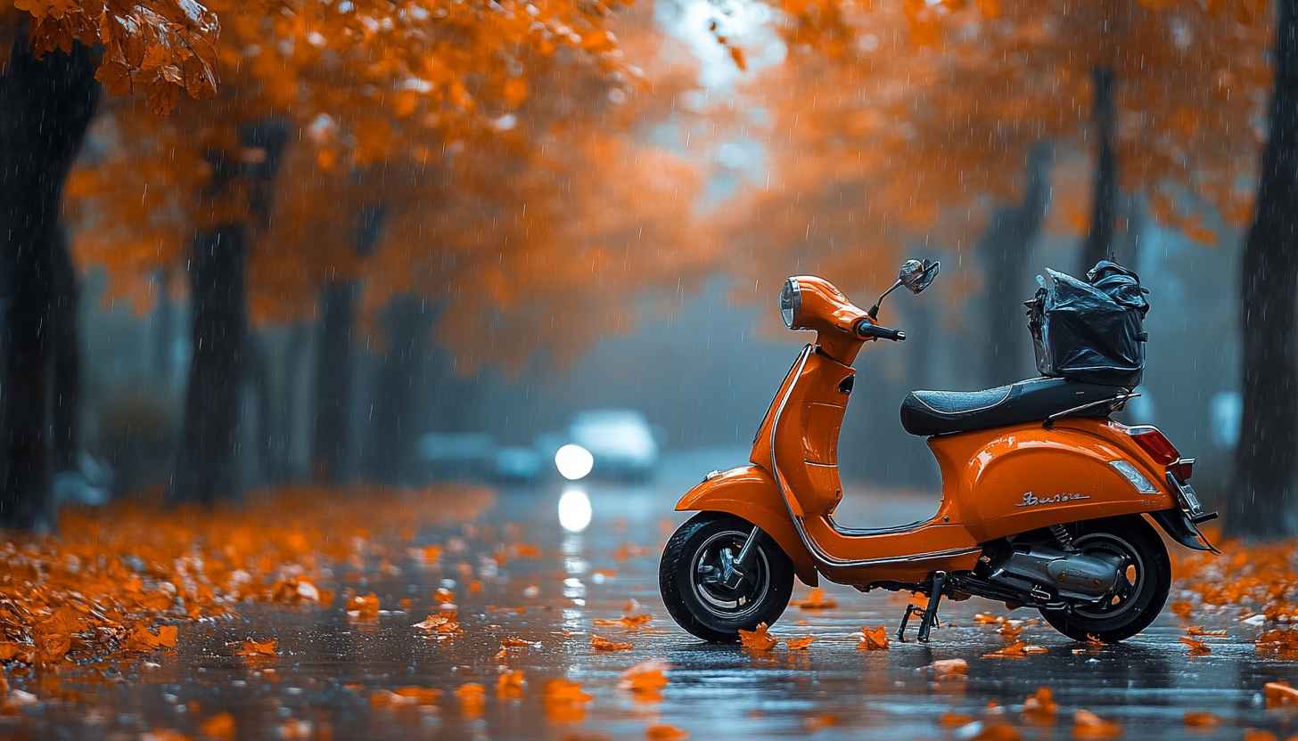 Orange Scooter Wallpaper, Rainy Road, Autumn Leaves, 4k Wallpaper