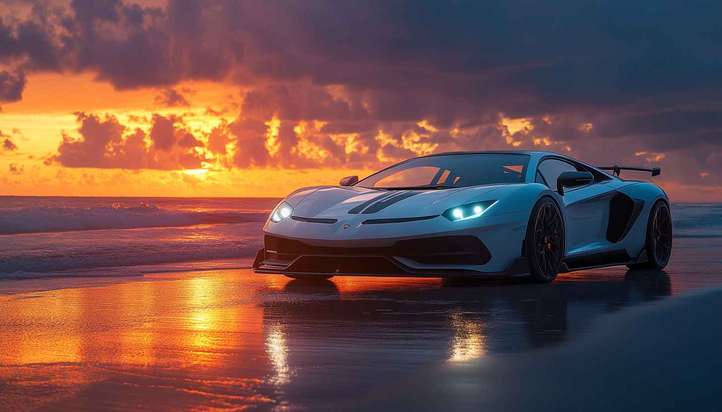 Lamborghini Car Wallpaper: Beach Sunset, Aventador, Sports Car, 4K