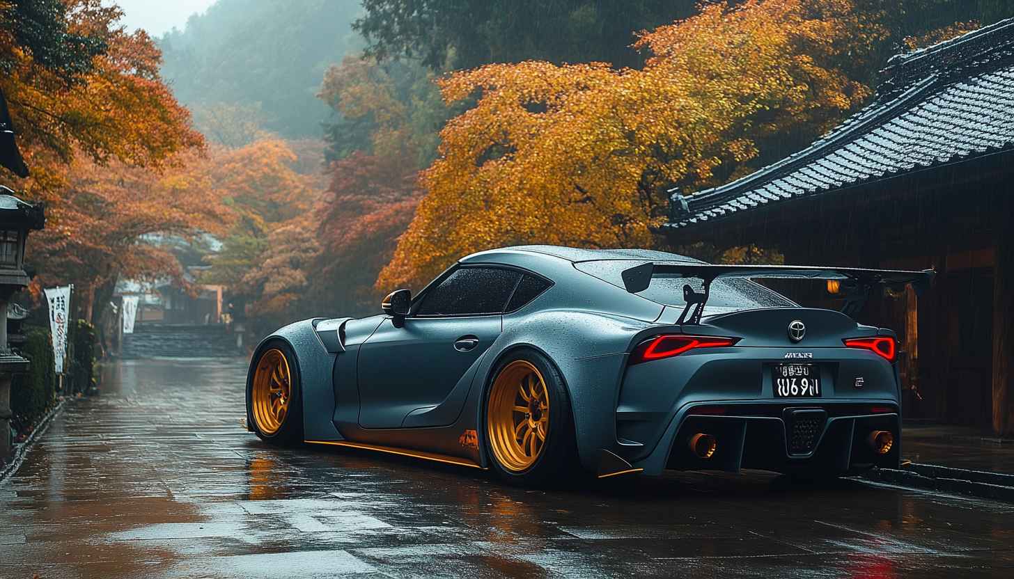 Toyota Supra Car Wallpaper Rainy Autumn Scenery, 4K Aesthetic