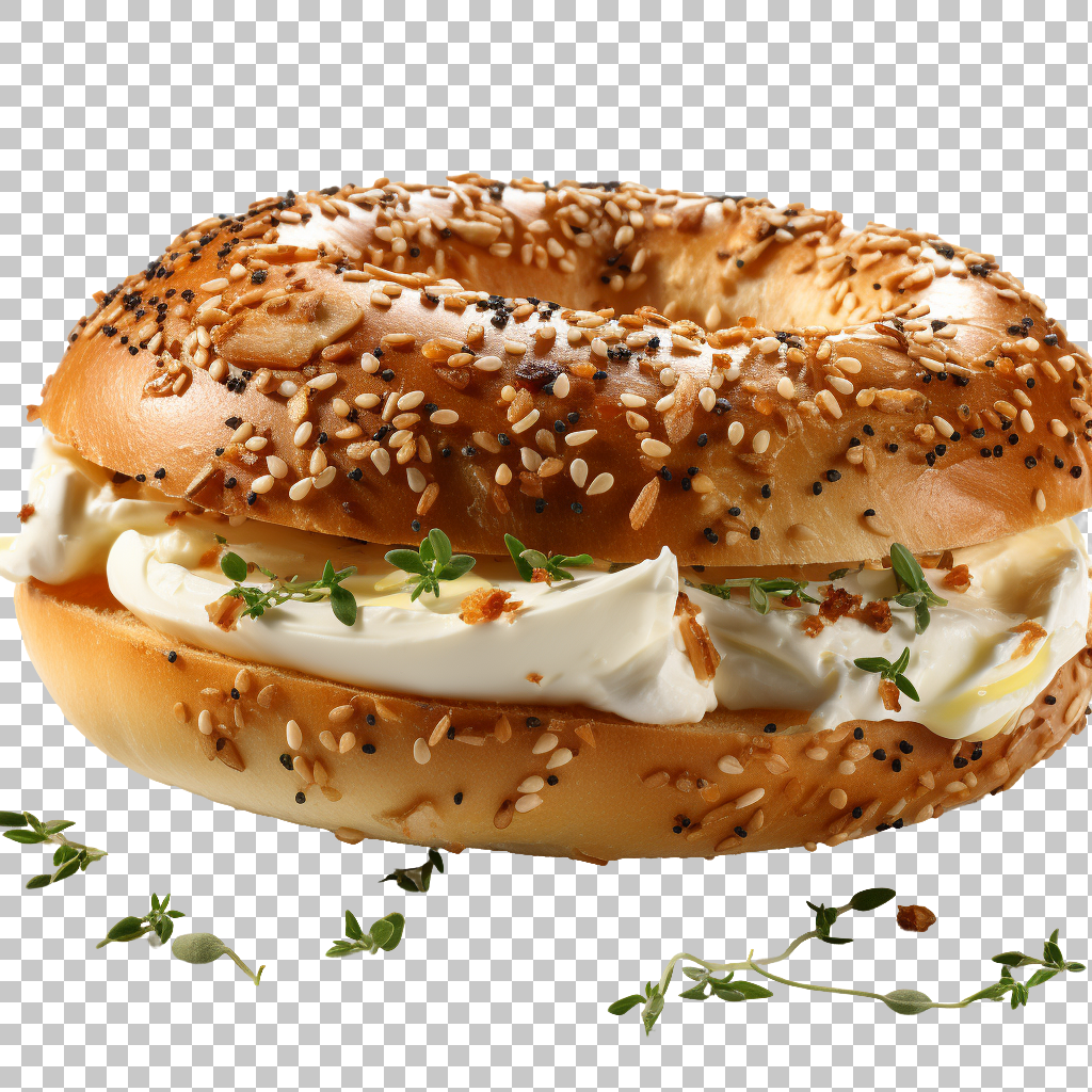 Bagel Breakfast png, Cream Cheese Spread, Tasty Morning Meal