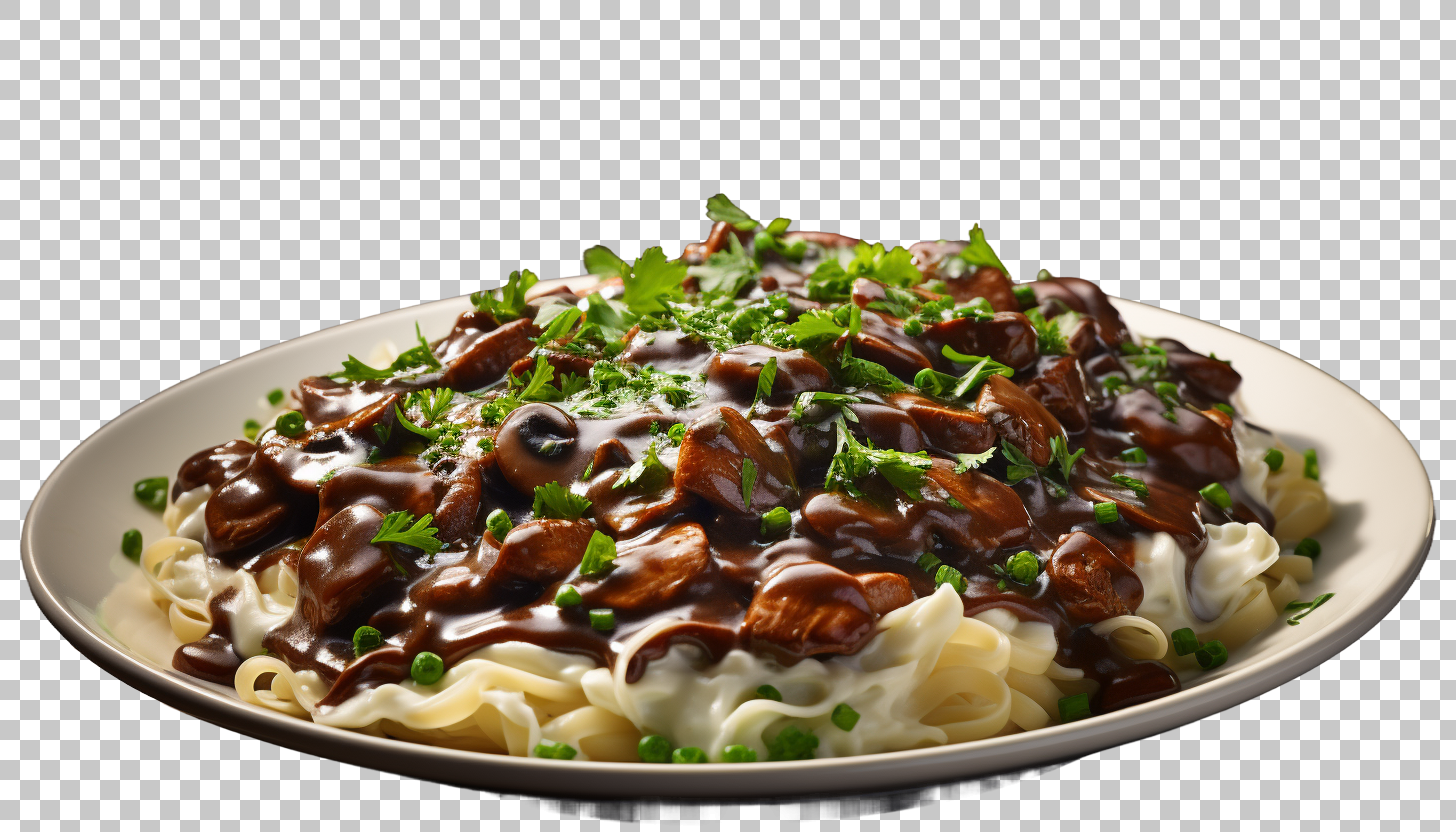 Creamy Beef Stroganoff png, Traditional Russian Cuisine, Savory Meat Pasta Design