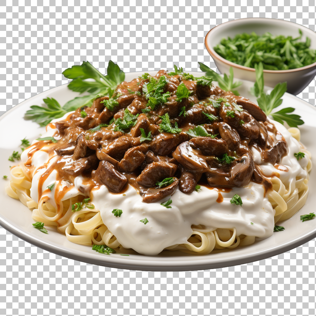 Creamy Russian Style Beef Stroganoff png, Savory Noodles, Tasty Meat Dish