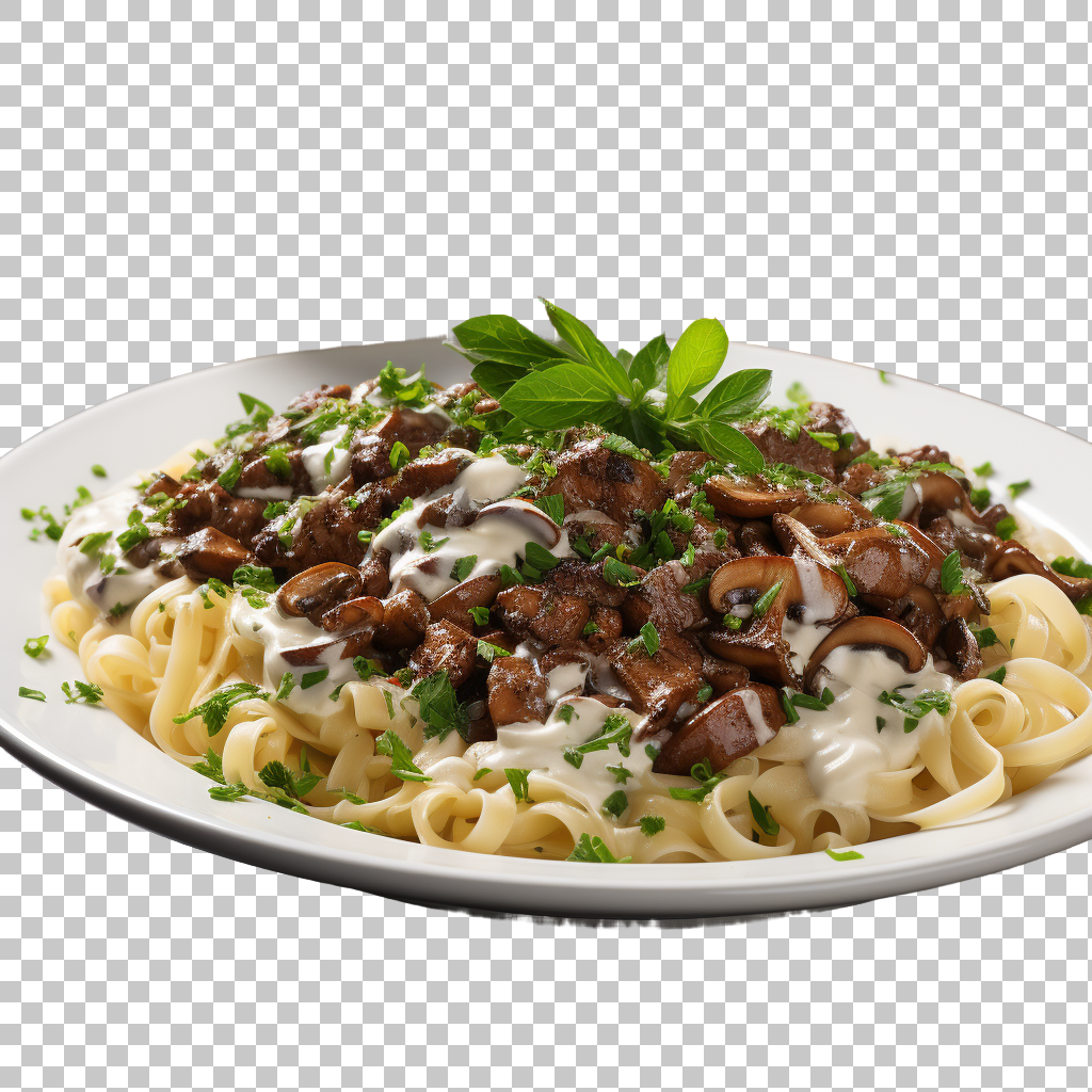 Beef Stroganoff Russian Creamy Noodles png, Traditional Russian Noodles, Savory Meat Dish Art