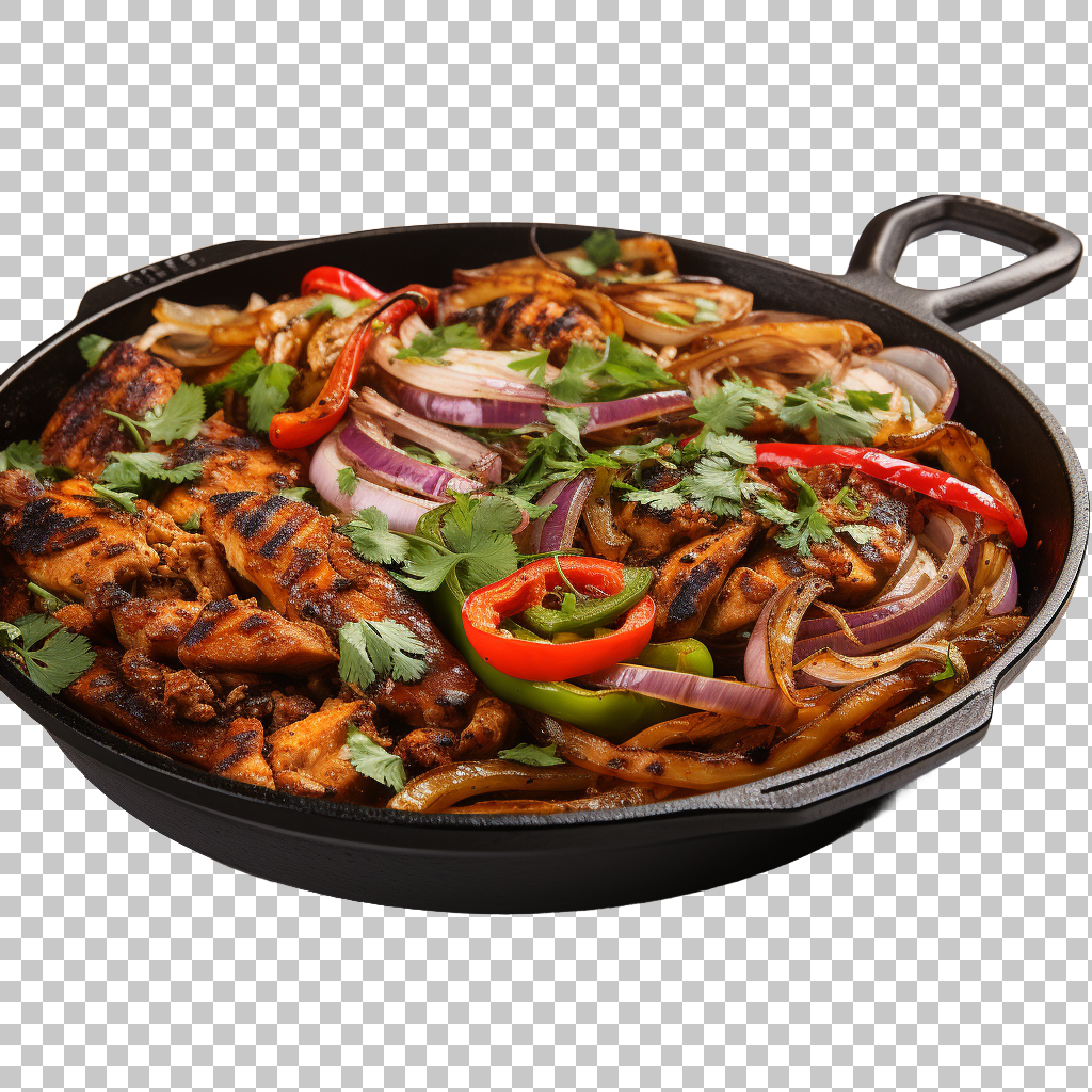 Chicken Fajitas Mexican Sizzling Peppers Ingredients png, Tex-Mex Dinner, Homemade Dish