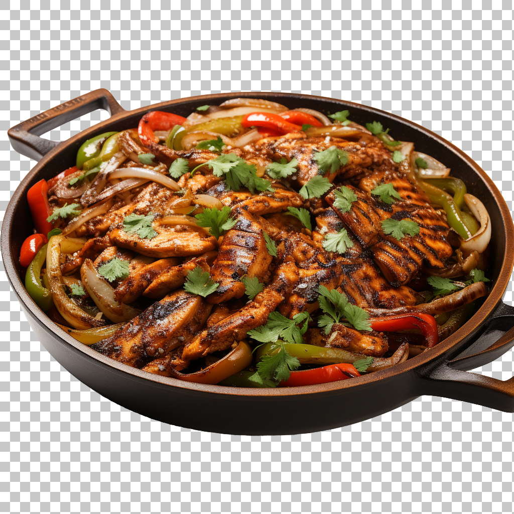 Chicken Fajitas Mexican Sizzling Peppers png, Tex-Mex Cuisine, Flavorful Dish