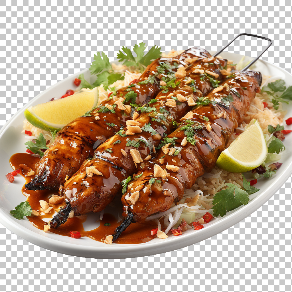 Chicken Satay Asian Skewered Peanut Sauce Food Illustrations png, Asian Flavor, Home Cooking