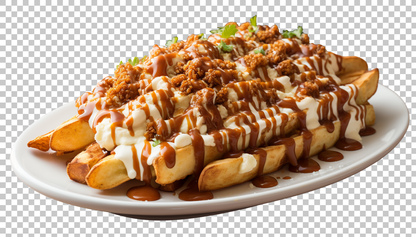poutine fries transparent png images, traditional Canadian food, savory delight