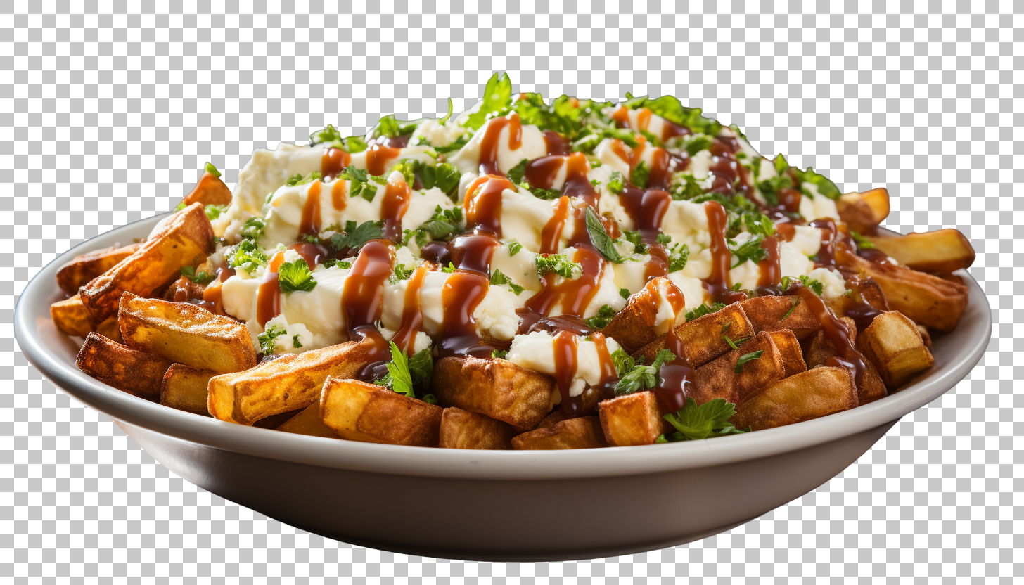 poutine fries transparent png, iconic Canadian dish, cheese curds and gravy