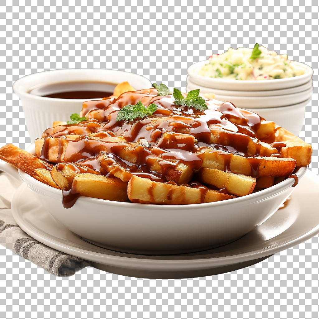 poutine fries transparent png, classic Canadian dish, cheese curds and gravy