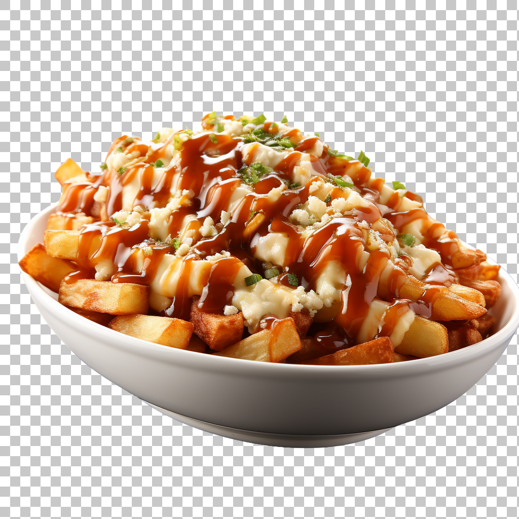 poutine fries cheese curds gravy png images, iconic Canadian dish, savory delight