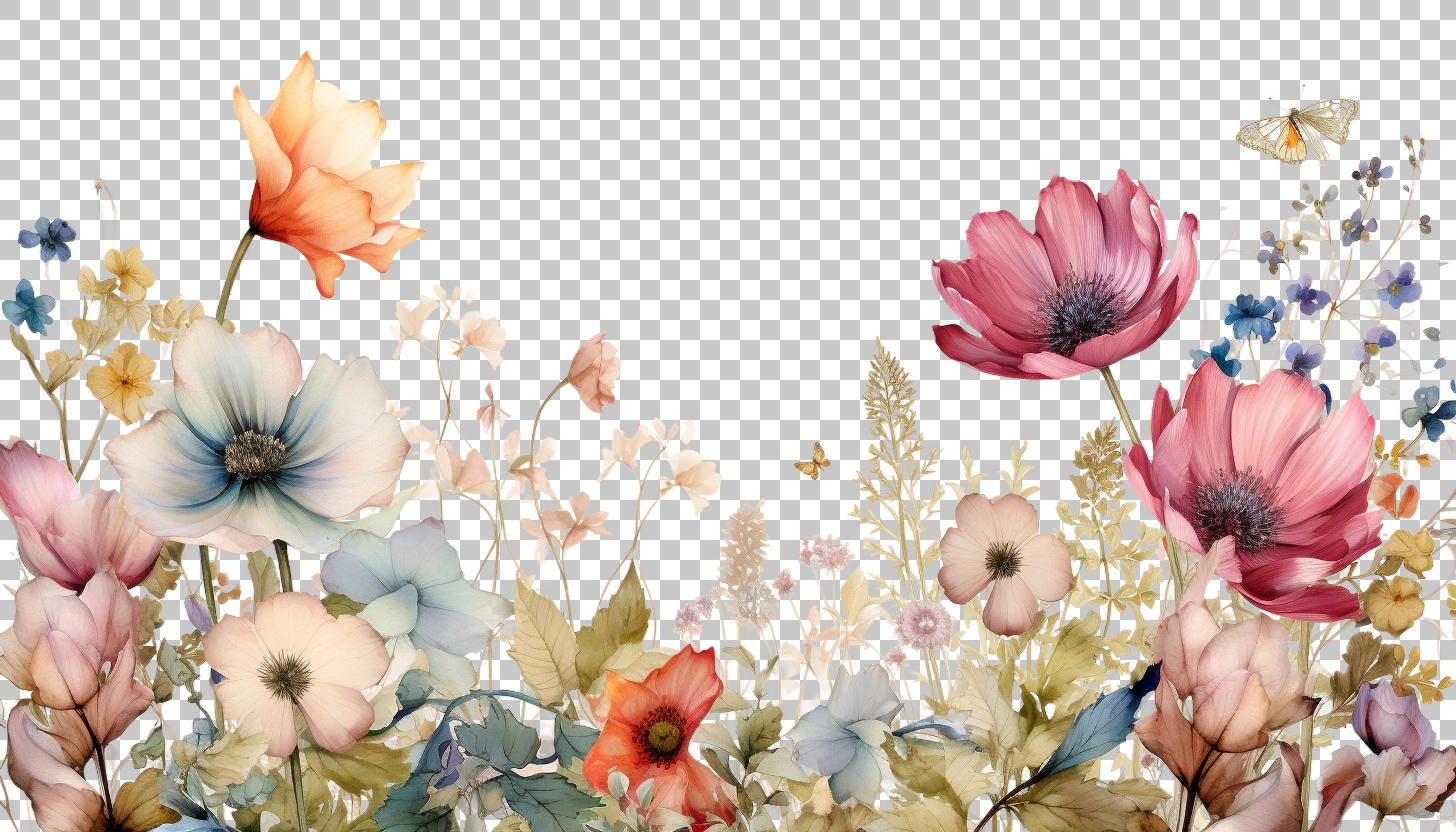 Watercolor Botanical Flower Border png, Floral Artwork, Decorative Illustration