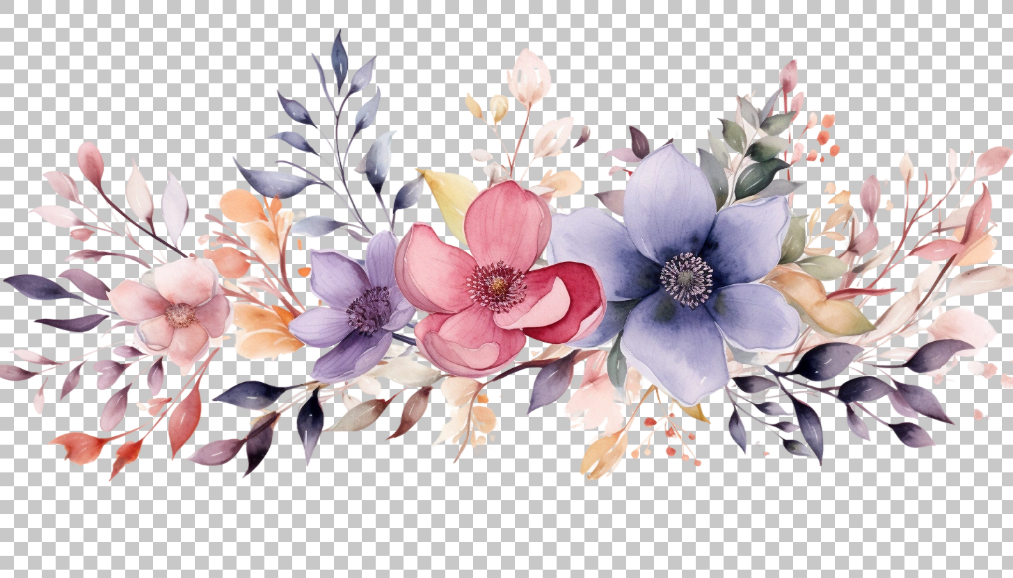 Watercolor Petal Branches Border png, Rustic Floral, Artistic Design