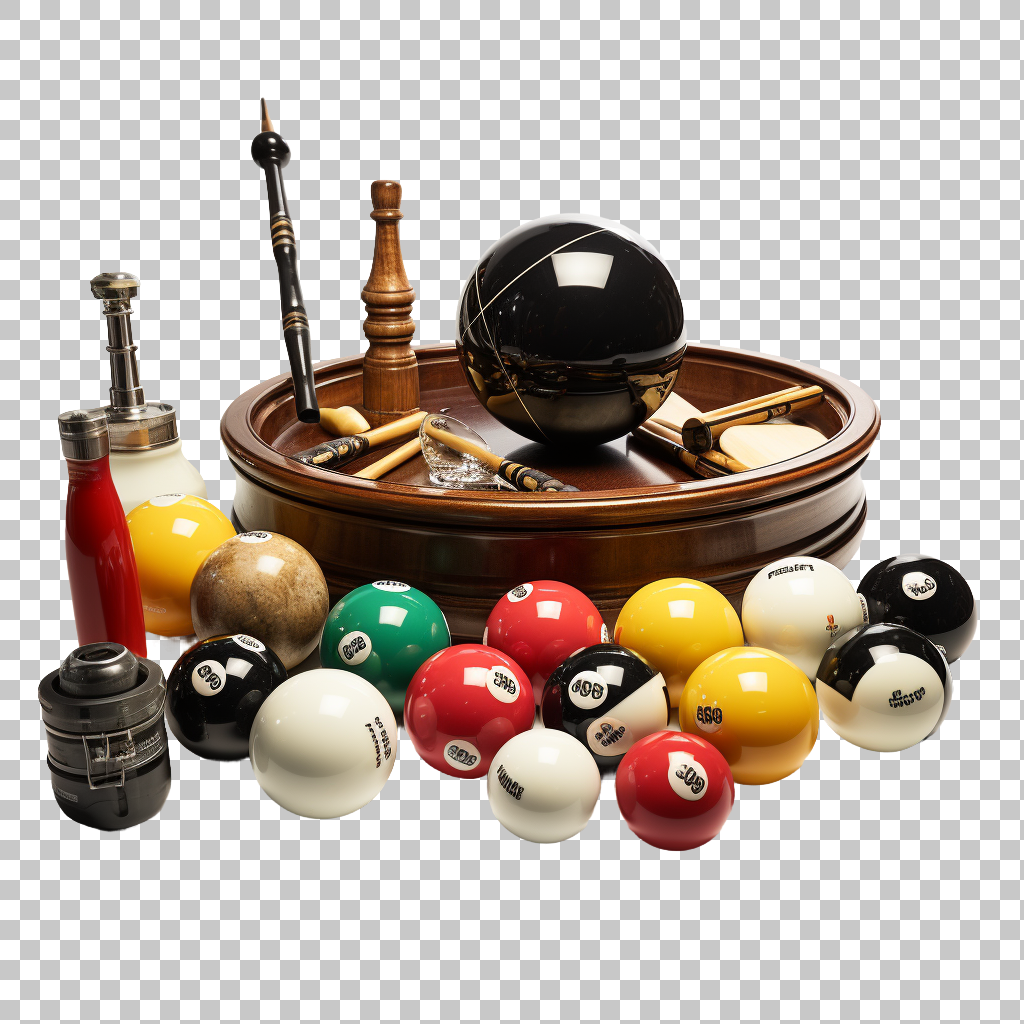 Billiards Cue Balls Kit png, Pool Table Assortment, Cue Stick Gear