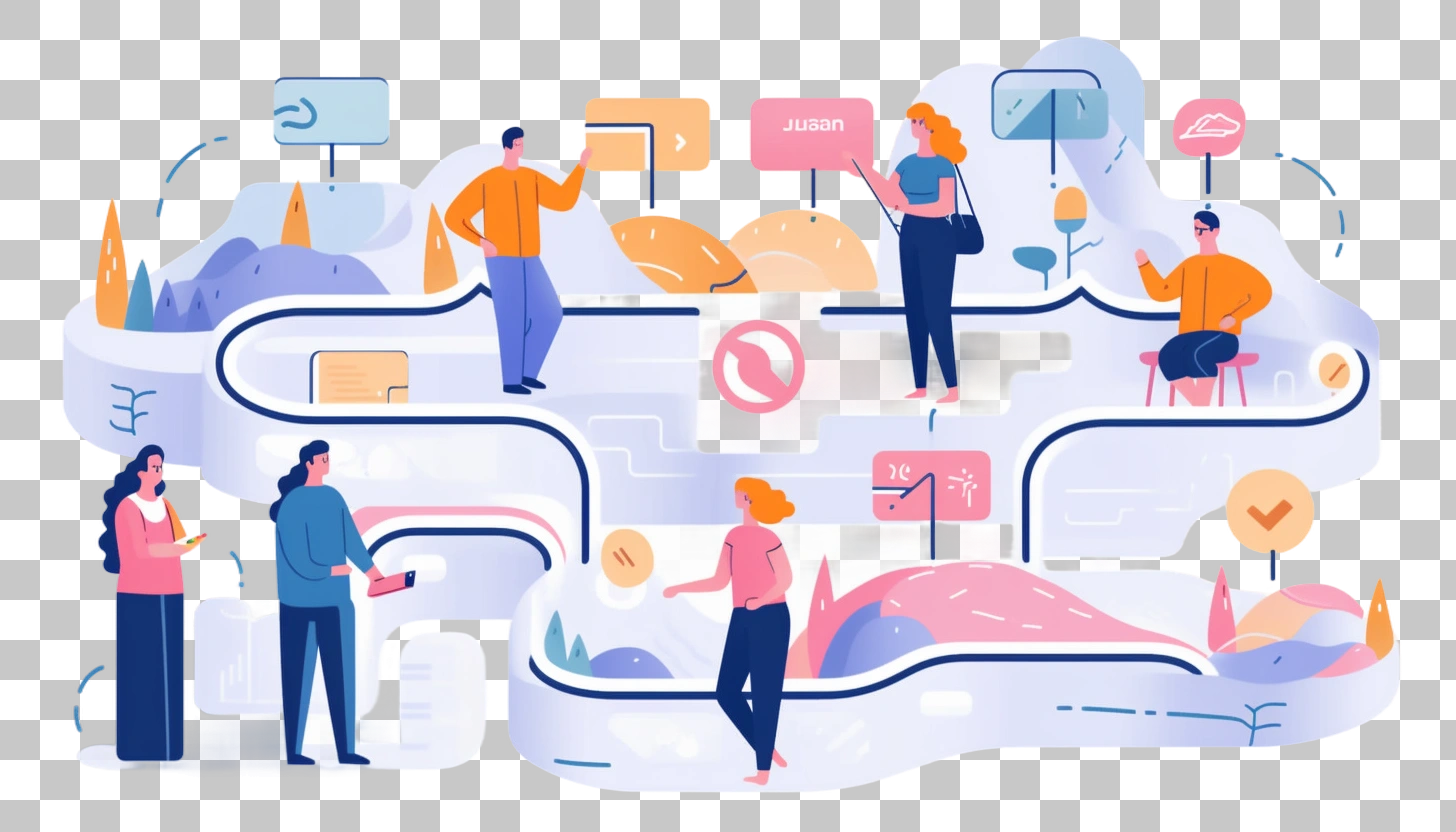 People Navigating Abstract Path With Signs