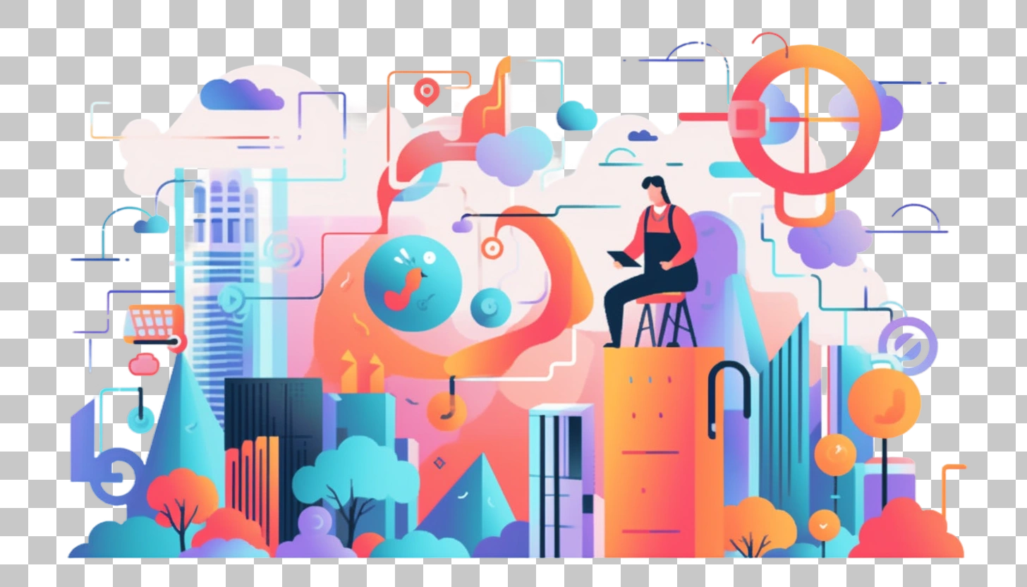 Digital Cityscape with Person and Abstract Shapes