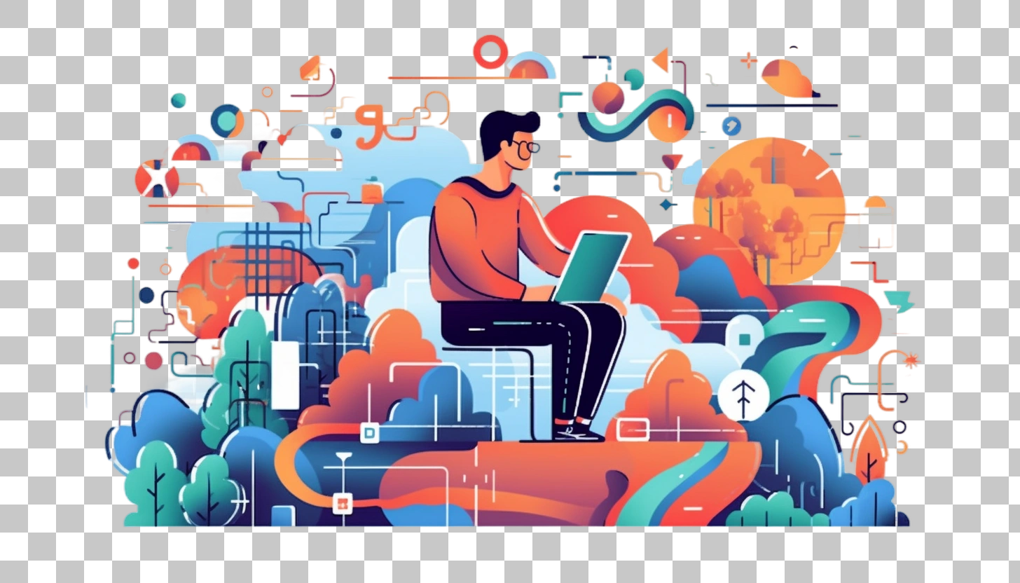 Man Working on Laptop with Abstract Background