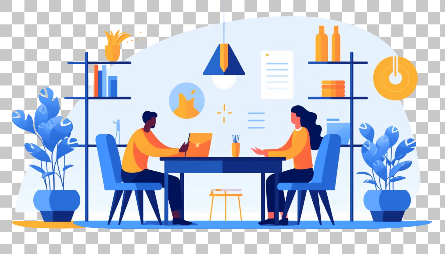 Business Meeting, Two Colleagues Discuss Ideas, Modern Office, Blue Chairs, Laptop, Whiteboard, Yellow Decor