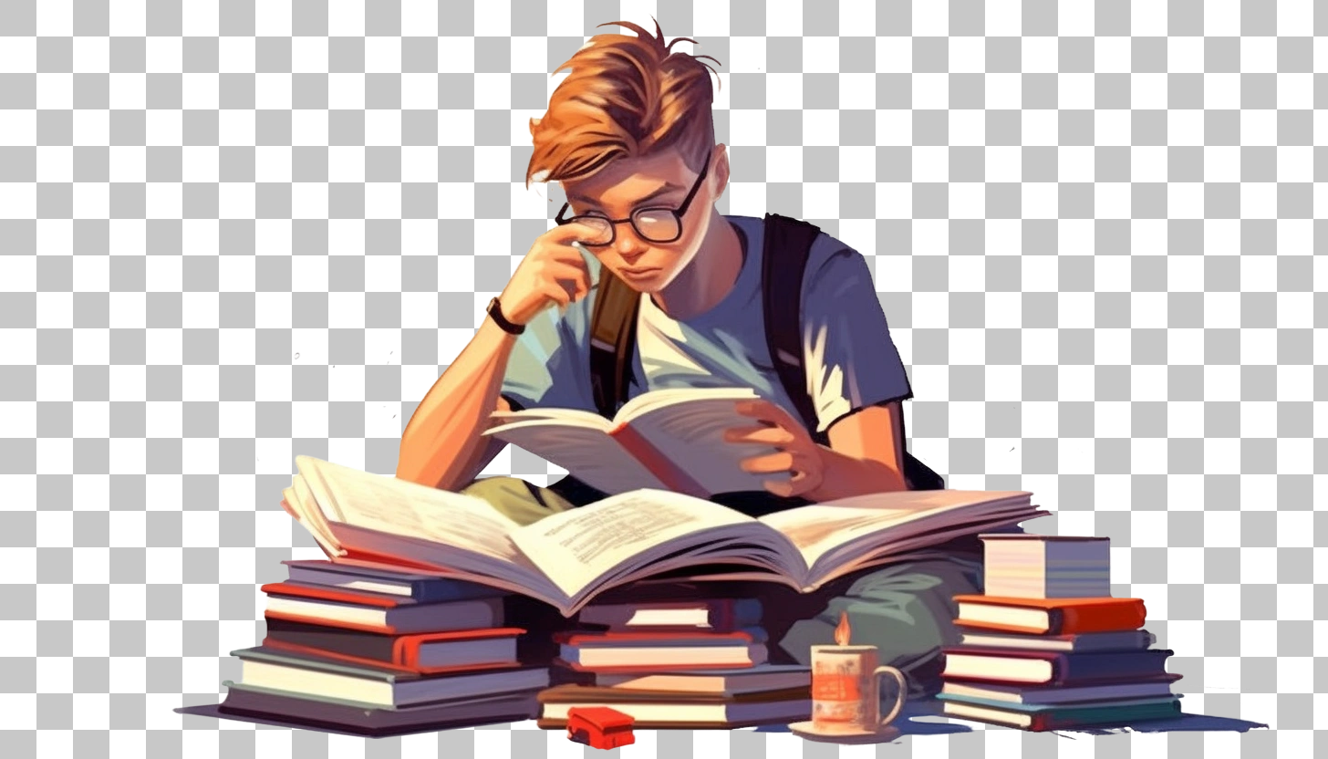 Young Man Studying With Stack of Books