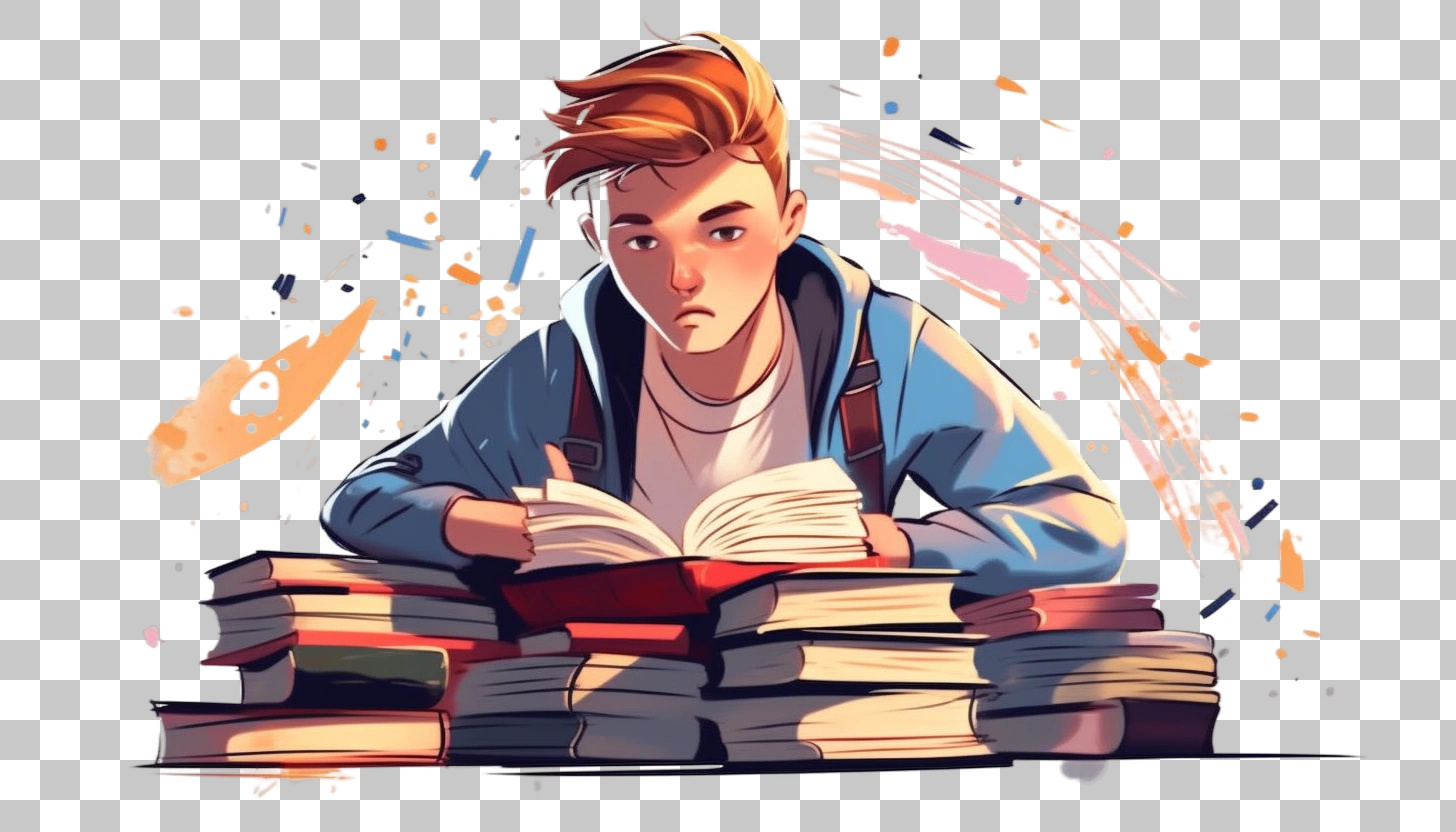 Young Man Studying Books Focused Learning
