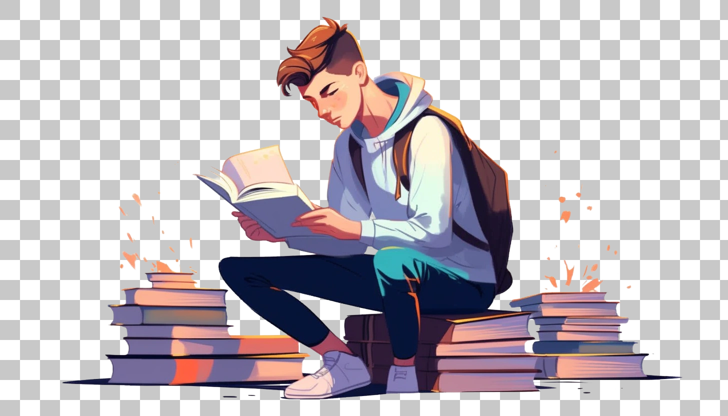 Young Man Reading Book Surrounded By Books
