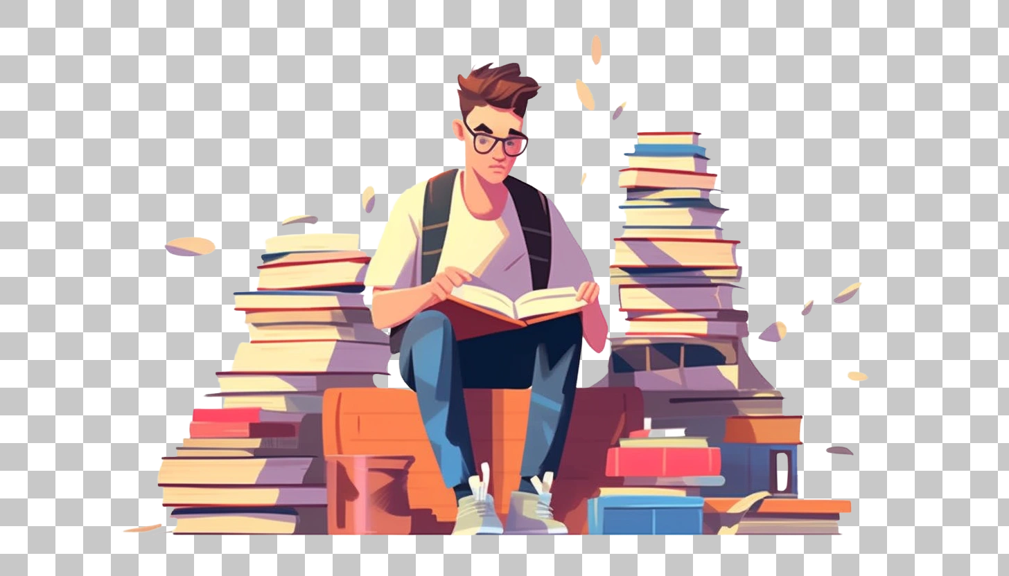 Student Surrounded by Books, Studying and Learning